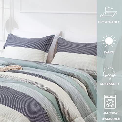 Anyfun Sage Green Twin Comforter Set, Patchwork Striped Comforters for College Boys, Washable & Brushed 2 Pieces Bedding Comforter for All Seasons (1 Twin Comforter & 1 Pillowcase)