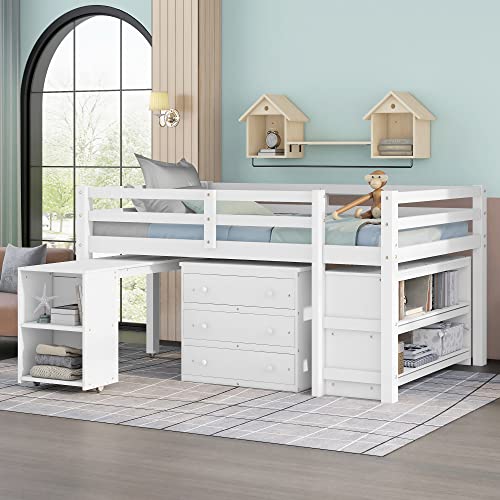 Merax Solid Wood Full-Size Low Loft Bed Frame with Ladder for Kids Bunk, Cabinet + Desk, Pure White