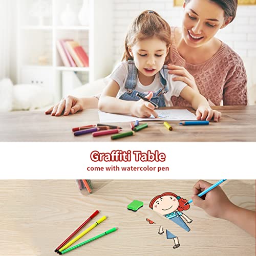HAPPYMATY Kids Table and Chair Set 2-8 Year Old, Height Adjustable, Easy to Wipe Graffiti Table and Chairs for Toddlers/Children Reading, Drawing, Eating, Studying, Parent-Child Interaction