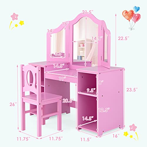 INFANS Kids Vanity, 2 in 1 Princess Makeup Desk & Chair Set with Tri-Folding Detachable Mirror, Large Storage Shelves, Wooden Dressing Table, Pretend Play Vanity Set for Girls
