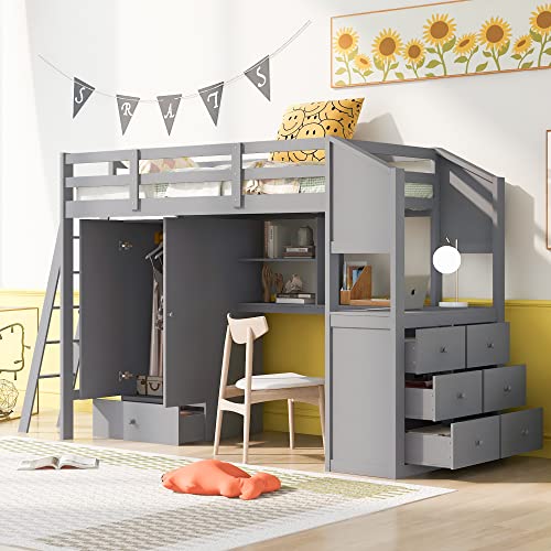 SOFTSEA Twin High Loft Bed with Wardrobe, Desk and Shelves Wood Loft Bed Frame with Side Double Dresser for Kids