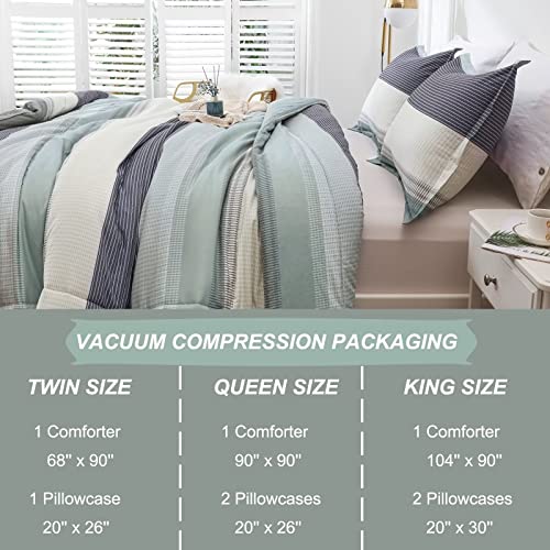 Anyfun Sage Green Twin Comforter Set, Patchwork Striped Comforters for College Boys, Washable & Brushed 2 Pieces Bedding Comforter for All Seasons (1 Twin Comforter & 1 Pillowcase)