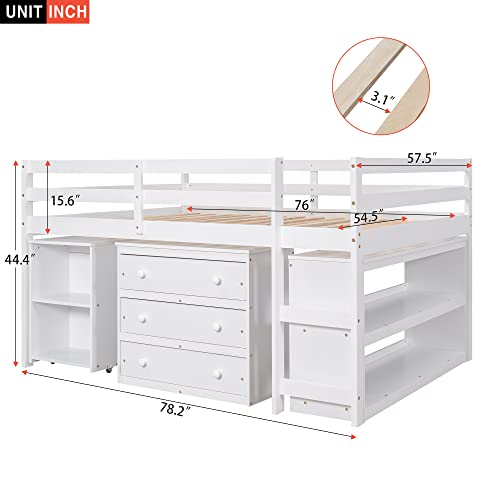 Merax Solid Wood Full-Size Low Loft Bed Frame with Ladder for Kids Bunk, Cabinet + Desk, Pure White