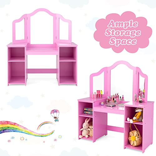 INFANS Kids Vanity, 2 in 1 Princess Makeup Desk & Chair Set with Tri-Folding Detachable Mirror, Large Storage Shelves, Wooden Dressing Table, Pretend Play Vanity Set for Girls