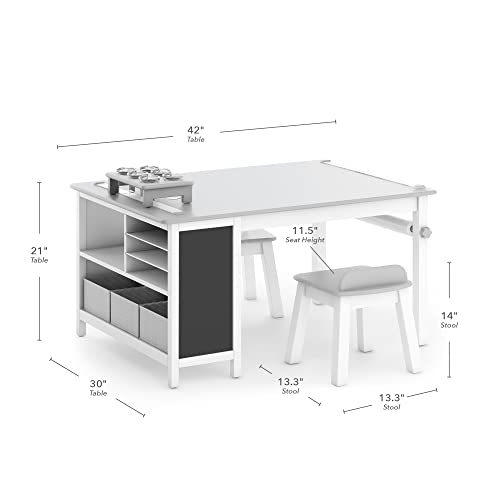MARTHA STEWART Kids' Jr. Art Center with Stools and Bins - Creamy White: Storage Bins, Paper Roller, and Paint Cups, Toddlers Work Station - Children's Wooden Learning Furniture