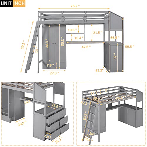 SOFTSEA Twin High Loft Bed with Wardrobe, Desk and Shelves Wood Loft Bed Frame with Side Double Dresser for Kids
