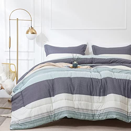 Anyfun Sage Green Twin Comforter Set, Patchwork Striped Comforters for College Boys, Washable & Brushed 2 Pieces Bedding Comforter for All Seasons (1 Twin Comforter & 1 Pillowcase)