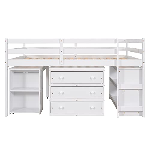 Merax Solid Wood Full-Size Low Loft Bed Frame with Ladder for Kids Bunk, Cabinet + Desk, Pure White