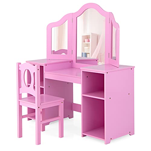INFANS Kids Vanity, 2 in 1 Princess Makeup Desk & Chair Set with Tri-Folding Detachable Mirror, Large Storage Shelves, Wooden Dressing Table, Pretend Play Vanity Set for Girls