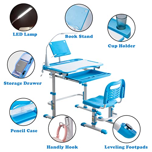 BELANITAS Kids Desk and Chair Set with 40 Degree Tiltable Desktop Adjustable Height School Desk,Kid Study Desk and Chair Set w/Drawer,Blue