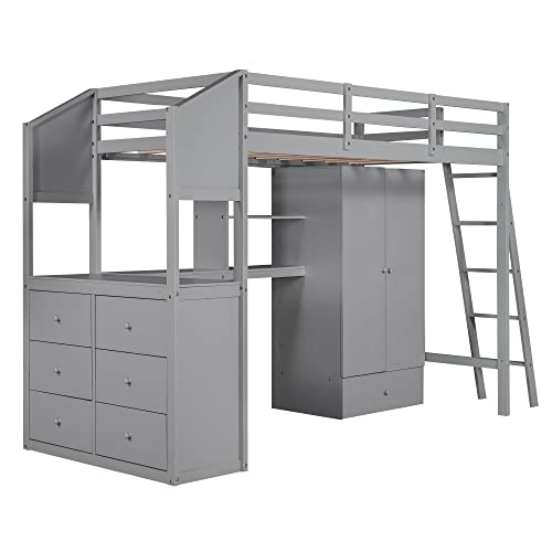 SOFTSEA Twin High Loft Bed with Wardrobe, Desk and Shelves Wood Loft Bed Frame with Side Double Dresser for Kids