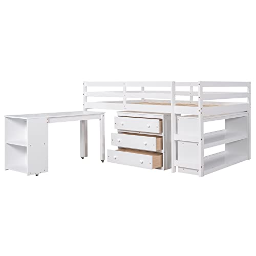 Merax Solid Wood Full-Size Low Loft Bed Frame with Ladder for Kids Bunk, Cabinet + Desk, Pure White