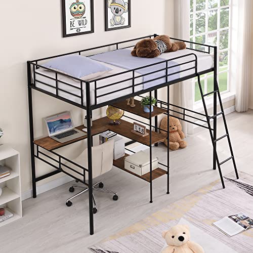 Merax Metal Loft Bed with Built-in Desk and Shelves, Twin Size Bed for Dorm, Boys & Girls, Teens, Kids, No Box Spring Needed, Black