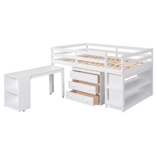 Merax Solid Wood Full-Size Low Loft Bed Frame with Ladder for Kids Bunk, Cabinet + Desk, Pure White