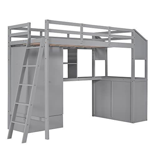 SOFTSEA Twin High Loft Bed with Wardrobe, Desk and Shelves Wood Loft Bed Frame with Side Double Dresser for Kids