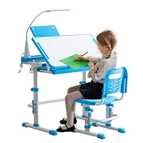BELANITAS Kids Desk and Chair Set with 40 Degree Tiltable Desktop Adjustable Height School Desk,Kid Study Desk and Chair Set w/Drawer,Blue