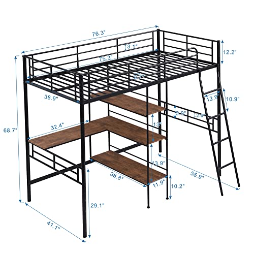 Merax Metal Loft Bed with Built-in Desk and Shelves, Twin Size Bed for Dorm, Boys & Girls, Teens, Kids, No Box Spring Needed, Black