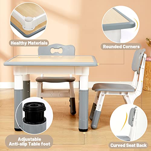 FUNLIO Kids Table and 4 Chairs Set, Height Adjustable Toddler Table and Chair Set for Ages 3-8, Easy to Wipe Arts & Crafts Table, for Classrooms/Daycares/Homes, CPC & CE Approved (5-Piece Set) - Gray