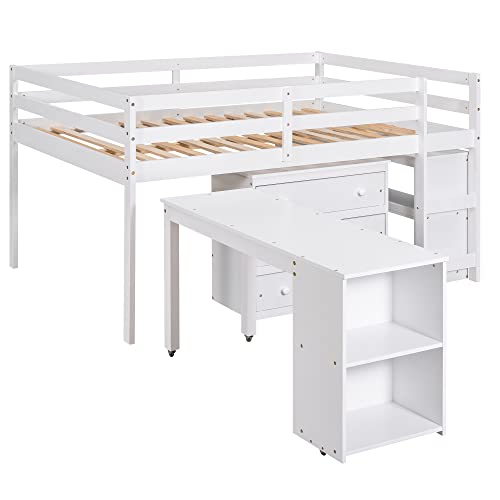 Merax Solid Wood Full-Size Low Loft Bed Frame with Ladder for Kids Bunk, Cabinet + Desk, Pure White