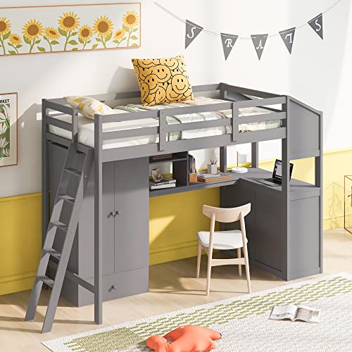 SOFTSEA Twin High Loft Bed with Wardrobe, Desk and Shelves Wood Loft Bed Frame with Side Double Dresser for Kids