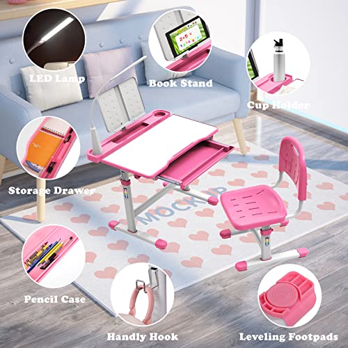 BELANITAS Kids Desk and Chair Set 5-8 Years Old, 40 Degree Tiltable Desktop Desk for Kids, Height Adjustable Kid Desk with Lights,Girls Desk,Princess Pink