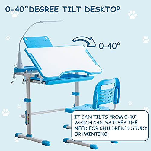 BELANITAS Kids Desk and Chair Set with 40 Degree Tiltable Desktop Adjustable Height School Desk,Kid Study Desk and Chair Set w/Drawer,Blue