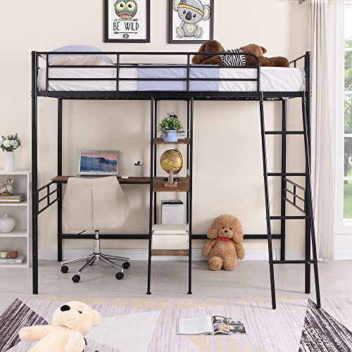 Merax Metal Loft Bed with Built-in Desk and Shelves, Twin Size Bed for Dorm, Boys & Girls, Teens, Kids, No Box Spring Needed, Black