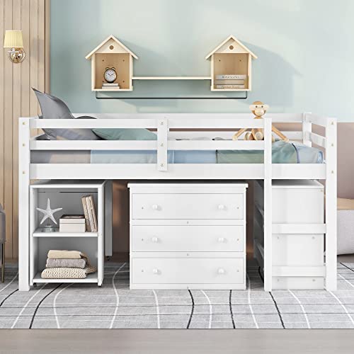 Merax Solid Wood Full-Size Low Loft Bed Frame with Ladder for Kids Bunk, Cabinet + Desk, Pure White