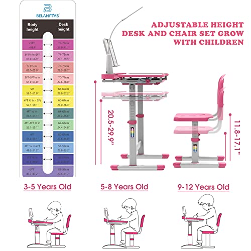 BELANITAS Kids Desk and Chair Set 5-8 Years Old, 40 Degree Tiltable Desktop Desk for Kids, Height Adjustable Kid Desk with Lights,Girls Desk,Princess Pink