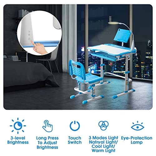 BELANITAS Kids Desk and Chair Set with 40 Degree Tiltable Desktop Adjustable Height School Desk,Kid Study Desk and Chair Set w/Drawer,Blue