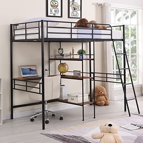 Merax Metal Loft Bed with Built-in Desk and Shelves, Twin Size Bed for Dorm, Boys & Girls, Teens, Kids, No Box Spring Needed, Black
