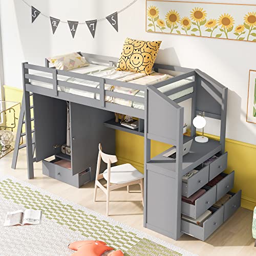 SOFTSEA Twin High Loft Bed with Wardrobe, Desk and Shelves Wood Loft Bed Frame with Side Double Dresser for Kids