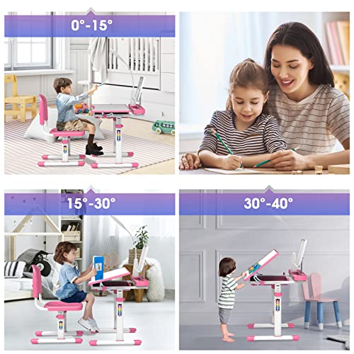 BELANITAS Kids Desk and Chair Set 5-8 Years Old, 40 Degree Tiltable Desktop Desk for Kids, Height Adjustable Kid Desk with Lights,Girls Desk,Princess Pink