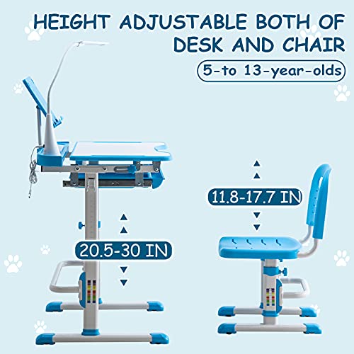 BELANITAS Kids Desk and Chair Set with 40 Degree Tiltable Desktop Adjustable Height School Desk,Kid Study Desk and Chair Set w/Drawer,Blue