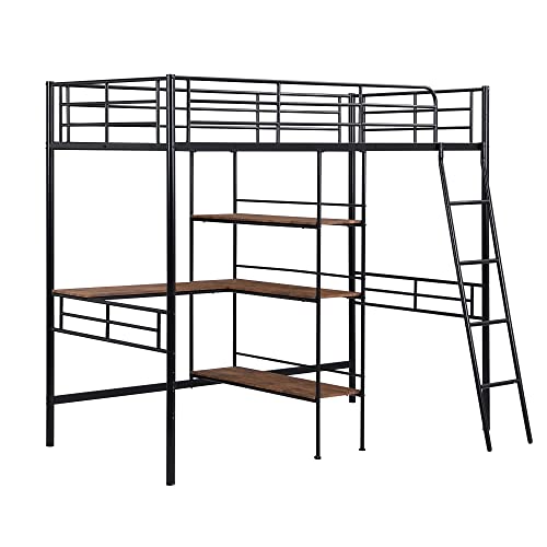 Merax Metal Loft Bed with Built-in Desk and Shelves, Twin Size Bed for Dorm, Boys & Girls, Teens, Kids, No Box Spring Needed, Black