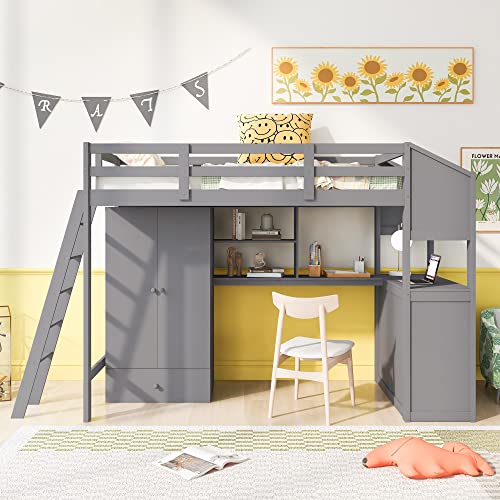 SOFTSEA Twin High Loft Bed with Wardrobe, Desk and Shelves Wood Loft Bed Frame with Side Double Dresser for Kids