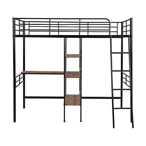 Merax Metal Loft Bed with Built-in Desk and Shelves, Twin Size Bed for Dorm, Boys & Girls, Teens, Kids, No Box Spring Needed, Black