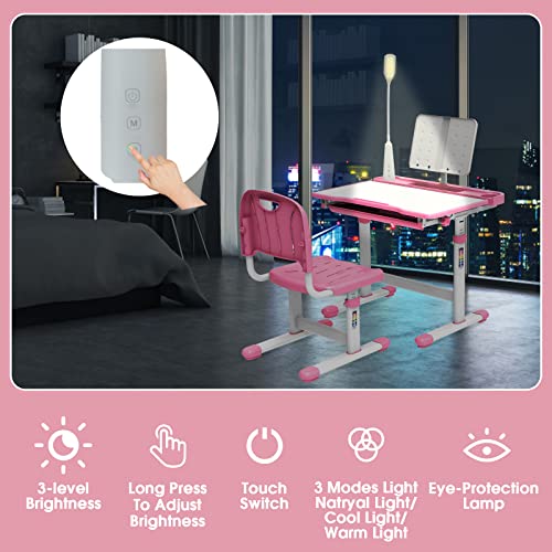 BELANITAS Kids Desk and Chair Set 5-8 Years Old, 40 Degree Tiltable Desktop Desk for Kids, Height Adjustable Kid Desk with Lights,Girls Desk,Princess Pink