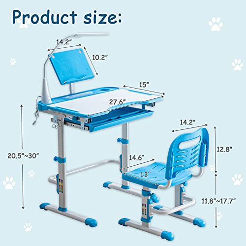BELANITAS Kids Desk and Chair Set with 40 Degree Tiltable Desktop Adjustable Height School Desk,Kid Study Desk and Chair Set w/Drawer,Blue