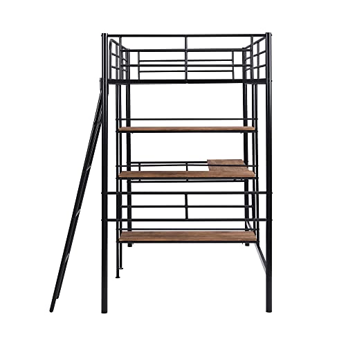 Merax Metal Loft Bed with Built-in Desk and Shelves, Twin Size Bed for Dorm, Boys & Girls, Teens, Kids, No Box Spring Needed, Black