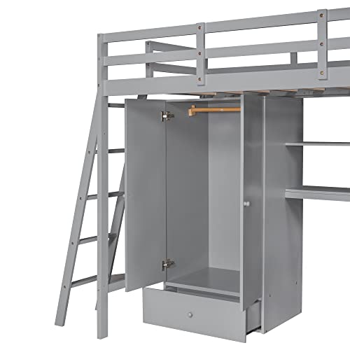 SOFTSEA Twin High Loft Bed with Wardrobe, Desk and Shelves Wood Loft Bed Frame with Side Double Dresser for Kids