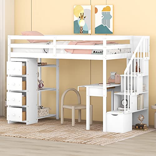 MERITLINE Twin Size Loft Bed with Desk and Stairs,Wooden Twin Loft Bed with Storage Drawers and Shelves, Kids Loft Bed Twin for Girls Boys Bedroom, Dorm(Twin,White)