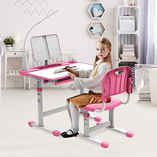 BELANITAS Kids Desk and Chair Set 5-8 Years Old, 40 Degree Tiltable Desktop Desk for Kids, Height Adjustable Kid Desk with Lights,Girls Desk,Princess Pink