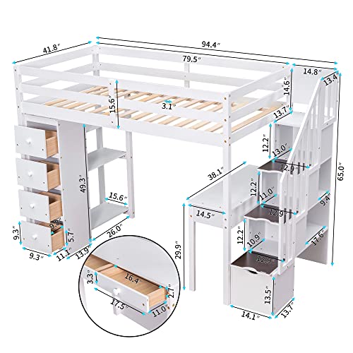 MERITLINE Twin Size Loft Bed with Desk and Stairs,Wooden Twin Loft Bed with Storage Drawers and Shelves, Kids Loft Bed Twin for Girls Boys Bedroom, Dorm(Twin,White)