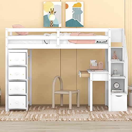 MERITLINE Twin Size Loft Bed with Desk and Stairs,Wooden Twin Loft Bed with Storage Drawers and Shelves, Kids Loft Bed Twin for Girls Boys Bedroom, Dorm(Twin,White)
