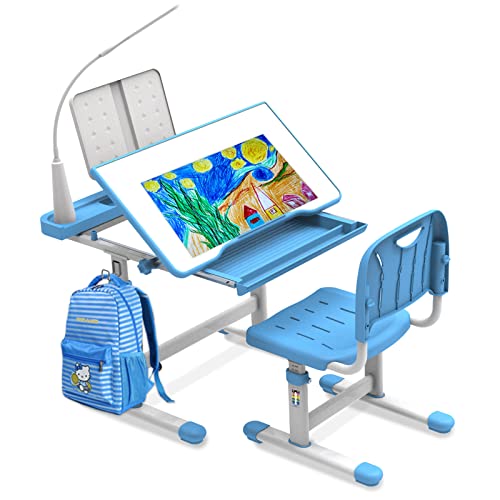BELANITAS Kids Desk and Chair Set 5-8 Year Old, Height Adjustable Desks for Boys and Girls with 40-Degree Tiltable Desktop, Kids Study Desk and Chair Set for Kids, Sky Blue
