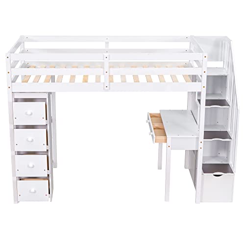 MERITLINE Twin Size Loft Bed with Desk and Stairs,Wooden Twin Loft Bed with Storage Drawers and Shelves, Kids Loft Bed Twin for Girls Boys Bedroom, Dorm(Twin,White)