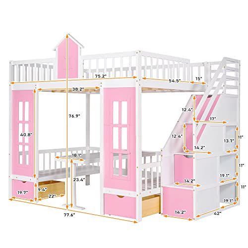 MERITLINE Full Loft Beds with Stairs and Desk, Wooden Castle Shaped Full Over Full Bunk Bed with Changeable Desk,Storage Bunk Bed with Drawers for Kids Girls Boys Teens, Pink