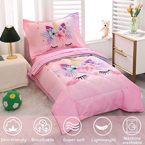 Toddler Bedding Set for Girls 4 Piece Pink Unicorn Flower Toddler Bed Comforter Set for Kids Bed-in-a-Bag Bedspreads Quilt Toddler Sheet Set with Quilted Comforter,Flat Sheet,Fitted Sheet,Pillowcase