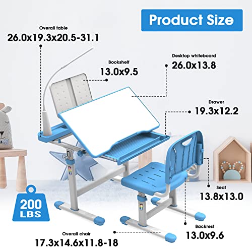 BELANITAS Kids Desk and Chair Set 5-8 Year Old, Height Adjustable Desks for Boys and Girls with 40-Degree Tiltable Desktop, Kids Study Desk and Chair Set for Kids, Sky Blue